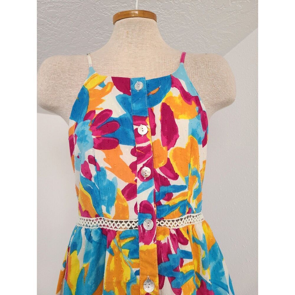 Harlow & Rose 100% Cotton Colorful Sun Dress Lace Detail MEDIUM Button Front M